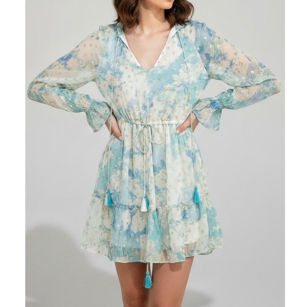 HEMANT & NANDITA Kaiyo Long Sleeves Mini Dress, Turquoise Blue, Small
